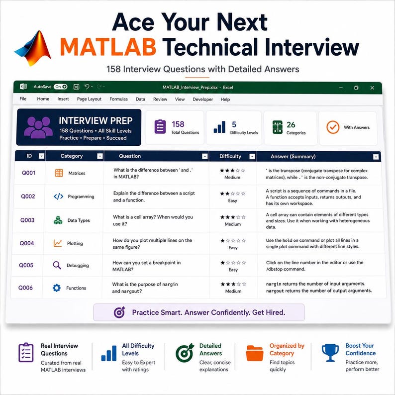 May include: A digital document titled Ace Your Next MATLAB Technical Interview featuring 158 interview questions with detailed answers. The spreadsheet displays columns for ID, category, question, difficulty, and answer summary for MATLAB topics.