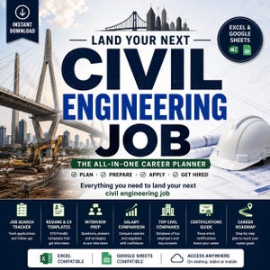 Puede incluir: Un planificador de carrera digital para ingenieros civiles con el texto Land Your Next Civil Engineering Job. La imagen incluye un puente, una obra, un casco blanco y planos, con iconos de compatibilidad para Excel y Google Sheets.