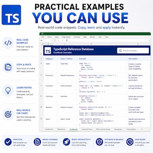 May include: A digital infographic titled PRACTICAL EXAMPLES YOU CAN USE featuring a spreadsheet interface labeled TypeScript Reference Database. The table displays code snippets for Types, Functions, Interfaces, Generics, and Async operations.