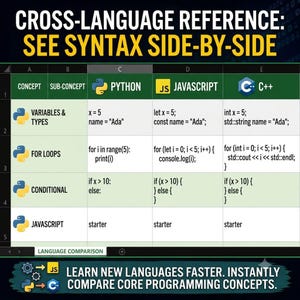 Spreadsheet preview titled Cross-Language Reference: See Syntax Side-by-Side. Shows a direct comparison chart of fundamental coding concepts like variables, for loops, and conditionals across Python, JavaScript, and C++.