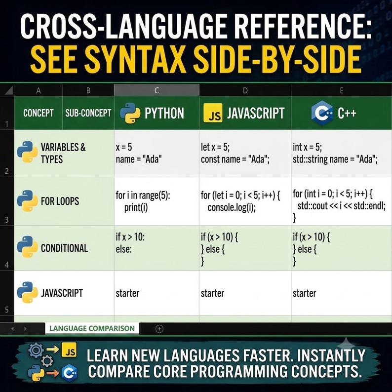 Spreadsheet preview titled Cross-Language Reference: See Syntax Side-by-Side. Shows a direct comparison chart of fundamental coding concepts like variables, for loops, and conditionals across Python, JavaScript, and C++.