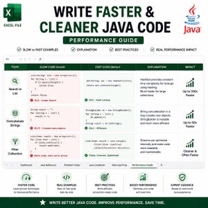 May include: A digital performance guide titled Write Faster & Cleaner Java Code, presented as an Excel file. It features a comparison table of slow versus fast code examples for searching lists, concatenating strings, and filtering collections.