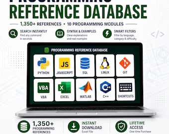 Programming Reference Database Excel | Python, JS, SQL, Linux, VBA, C++ (Digital Download)