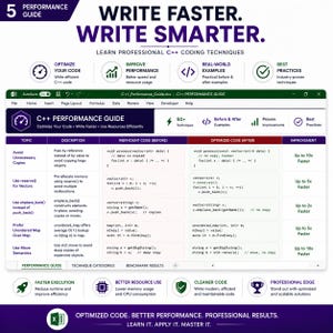 May include: A C++ Performance Guide spreadsheet featuring a table with columns for topic, description, inefficient code, optimised code, and improvement. The document includes text headers like Write Faster, Write Smarter, and Learn Professional C++ Coding Techniques.