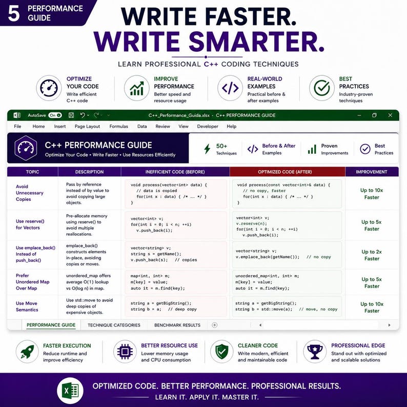 May include: A C++ Performance Guide spreadsheet featuring a table with columns for topic, description, inefficient code, optimised code, and improvement. The document includes text headers like Write Faster, Write Smarter, and Learn Professional C++ Coding Techniques.