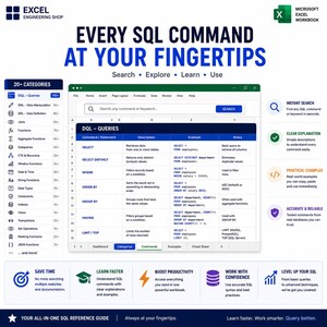 May include: A digital SQL reference guide for Microsoft Excel featuring a central spreadsheet interface with DQL query commands, descriptions, and examples. The layout includes a sidebar with 20+ categories, search functionality, and text headers like EVERY SQL COMMAND AT YOUR FINGERTIPS.