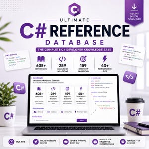 Puede incluir: Una base de datos de referencia de C# digital en la pantalla de una computadora portátil, con 605+ referencias, 259 soluciones de recetas, 159 preguntas de entrevista y 40+ consejos de rendimiento, incluyendo fragmentos de código.