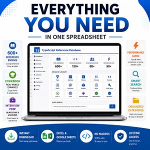 May include: A laptop screen displaying a TypeScript Reference Database spreadsheet with a dashboard, 600+ reference entries, cookbook examples, interview questions, and performance tips. The interface includes categories like types, interfaces, classes, and functions.