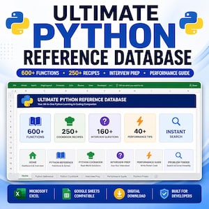 May include: A digital spreadsheet interface titled Ultimate Python Reference Database, featuring sections for 600+ functions, 250+ cookbook recipes, 160+ interview questions, 40+ performance tips, and an instant search tool for Python developers.