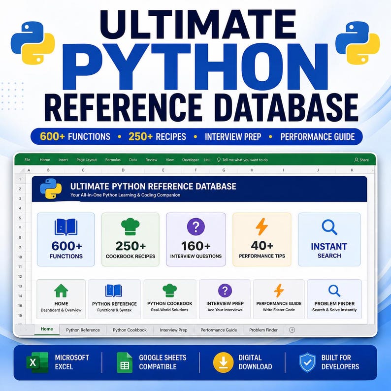 May include: A digital spreadsheet interface titled Ultimate Python Reference Database, featuring sections for 600+ functions, 250+ cookbook recipes, 160+ interview questions, 40+ performance tips, and an instant search tool for Python developers.