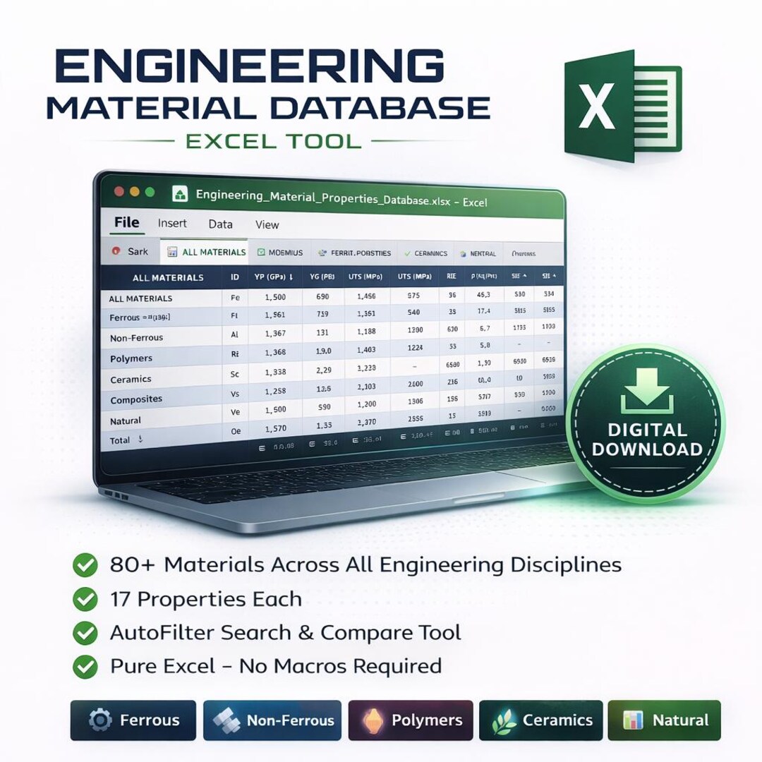 Material Database Excel Engineering Materials Database Excel | 80+ Materials Reference Tool ...