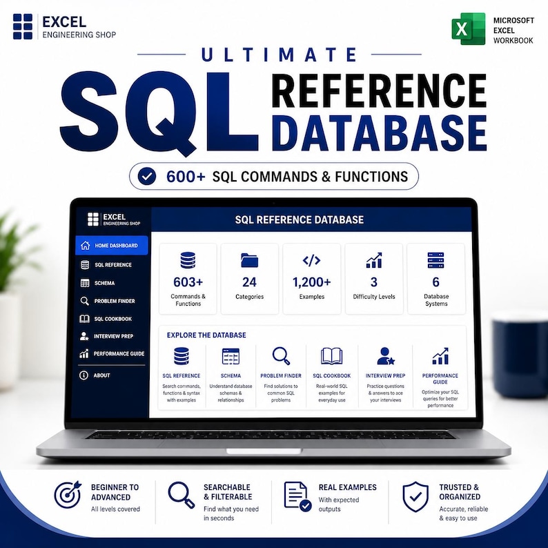 May include: A laptop screen displaying the Ultimate SQL Reference Database by Excel Engineering Shop. The interface features a dark blue sidebar and a white dashboard with 603+ commands, 24 categories, 1,200+ examples, and 6 database systems.