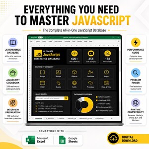 May include: A digital JavaScript reference database displayed on a laptop screen, featuring a dashboard with categories like Arrays, Objects, and Functions. The interface includes a quick search bar, a database overview chart, and icons for Microsoft Excel and Google Sheets.