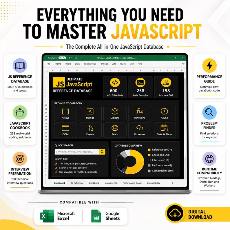 May include: A digital JavaScript reference database displayed on a laptop screen, featuring a dashboard with categories like Arrays, Objects, and Functions. The interface includes a quick search bar, a database overview chart, and icons for Microsoft Excel and Google Sheets.