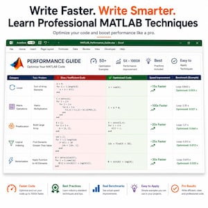 May include: A digital infographic titled Write Faster. Write Smarter. Learn Professional MATLAB Techniques. It displays a comparison table between slow and optimized code for loops, matrix operations, preallocation, logical indexing, and vectorization.