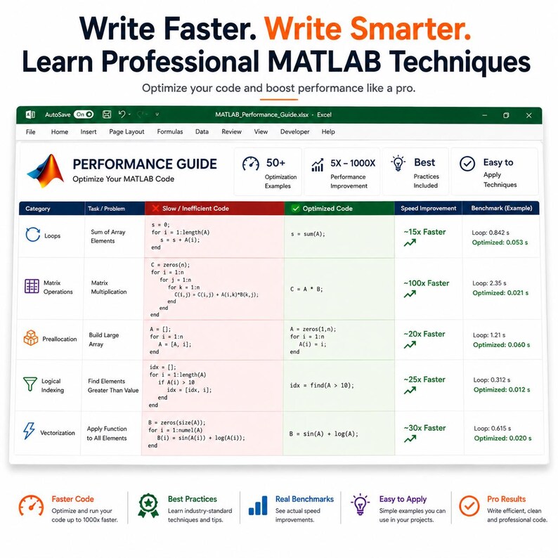 May include: A digital infographic titled Write Faster. Write Smarter. Learn Professional MATLAB Techniques. It displays a comparison table between slow and optimized code for loops, matrix operations, preallocation, logical indexing, and vectorization.