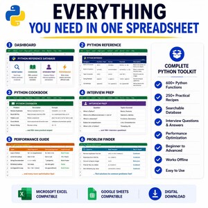May include: A digital spreadsheet guide titled EVERYTHING YOU NEED IN ONE SPREADSHEET, featuring six sections: Dashboard, Python Reference, Python Cookbook, Interview Prep, Performance Guide, and Problem Finder, with Microsoft Excel and Google Sheets compatibility.
