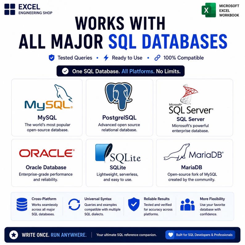 May include: A digital infographic titled WORKS WITH ALL MAJOR SQL DATABASES, featuring logos for MySQL, PostgreSQL, SQL Server, Oracle Database, SQLite, and MariaDB. It includes text about cross-platform compatibility, tested queries, and SQL reference.