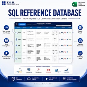 May include: A digital SQL reference database spreadsheet featuring a table with columns for command, category, syntax, description, example, output, databases, and difficulty. It includes logos for MySQL, PostgreSQL, SQL Server, Oracle, SQLite, and MariaDB.