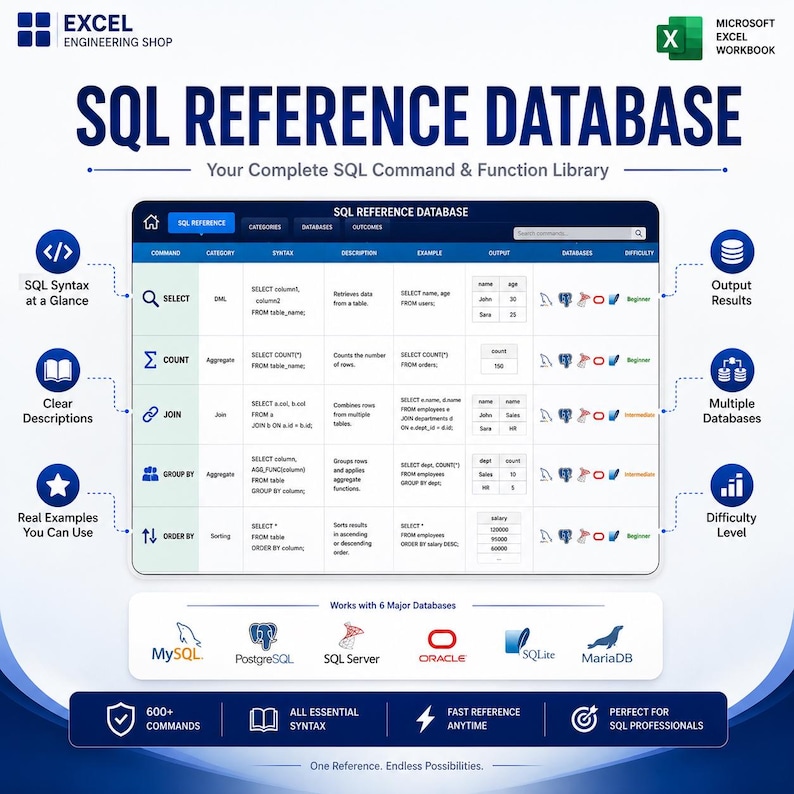May include: A digital SQL reference database spreadsheet featuring a table with columns for command, category, syntax, description, example, output, databases, and difficulty. It includes logos for MySQL, PostgreSQL, SQL Server, Oracle, SQLite, and MariaDB.
