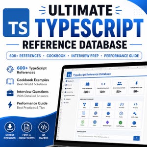 May include: A digital product titled Ultimate TypeScript Reference Database displayed on a laptop screen. The interface features a dashboard with categories for references, cookbook examples, interview questions, and a performance guide for TypeScript.