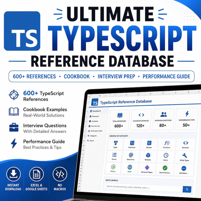 May include: A digital product titled Ultimate TypeScript Reference Database displayed on a laptop screen. The interface features a dashboard with categories for references, cookbook examples, interview questions, and a performance guide for TypeScript.