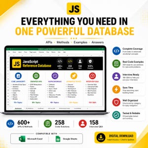 May include: A digital product display for a JavaScript Reference Database. The graphic features the text "EVERYTHING YOU NEED IN ONE POWERFUL DATABASE" and highlights "600+ APIs", "258 Solutions", and "158 Q&A" for Microsoft Excel and Google Sheets.