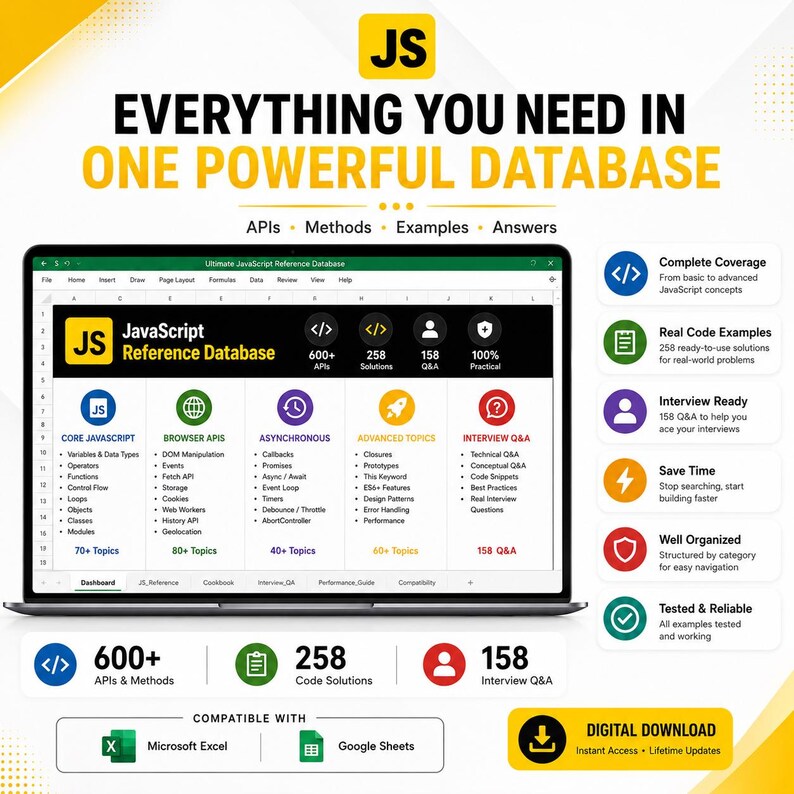 May include: A digital product display for a JavaScript Reference Database. The graphic features the text "EVERYTHING YOU NEED IN ONE POWERFUL DATABASE" and highlights "600+ APIs", "258 Solutions", and "158 Q&A" for Microsoft Excel and Google Sheets.