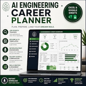 Pode incluir: Um painel digital AI Engineering Career Planner exibido na tela de um laptop, apresentando rastreador de busca de emprego, modelos de currículo, preparação para entrevistas, guia salarial e matriz de habilidades em tons de verde.