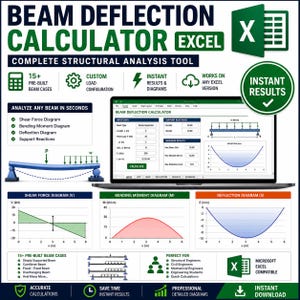 May include: A digital Beam Deflection Calculator Excel tool for structural analysis. The interface displays input data fields, support reactions, and graphical outputs including shear force, bending moment, and deflection diagrams for beams.
