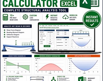 Calculadora de Deflexão de Vigas em Engenharia Estrutural no Excel | Diagrama de Força Cortante e Momento Fletor | Ferramenta de Análise Estrutural