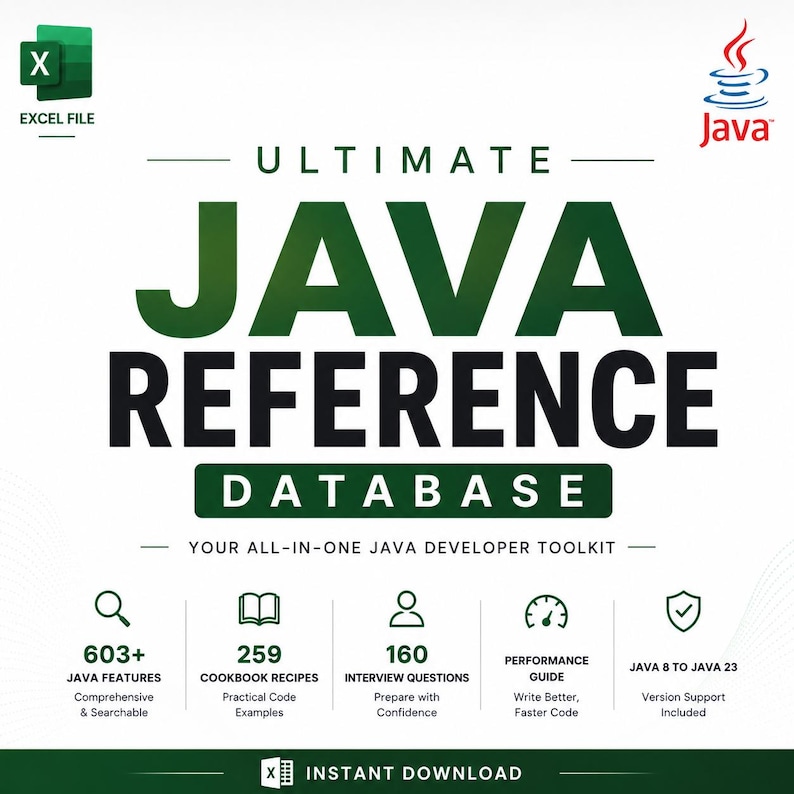 May include: A digital document titled Ultimate Java Reference Database, featuring the Java logo and Excel icon. It includes 603+ Java features, 259 cookbook recipes, 160 interview questions, a performance guide, and support for Java 8 to Java 23.