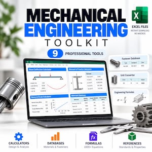May include: A digital mechanical engineering toolkit displayed on a laptop screen, featuring calculators for beam deflection, moment of inertia, stress, and strain, alongside a materials database, fastener database, and unit converter.