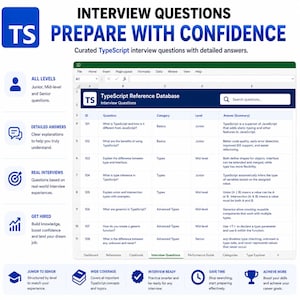 May include: A digital spreadsheet titled TypeScript Reference Database featuring interview questions for junior, mid-level, and senior developers. The table includes columns for ID, Question, Category, Level, and Answer, with icons and text detailing preparation benefits.