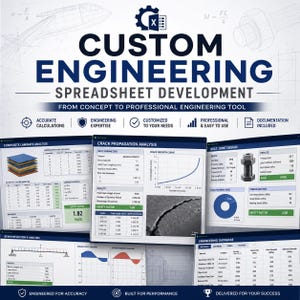 Puede incluir: Un gráfico digital para el desarrollo de hojas de cálculo de ingeniería personalizadas que muestra el título y cinco ejemplos de interfaces de software, incluyendo análisis de laminados, propagación de grietas y diseño de uniones atornilladas.