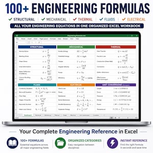 May include: A laptop screen displaying an Excel workbook titled 100+ Engineering Formulas. The spreadsheet features color-coded sections for structural, mechanical, thermal, fluid, and electrical engineering equations, plus unit conversions.