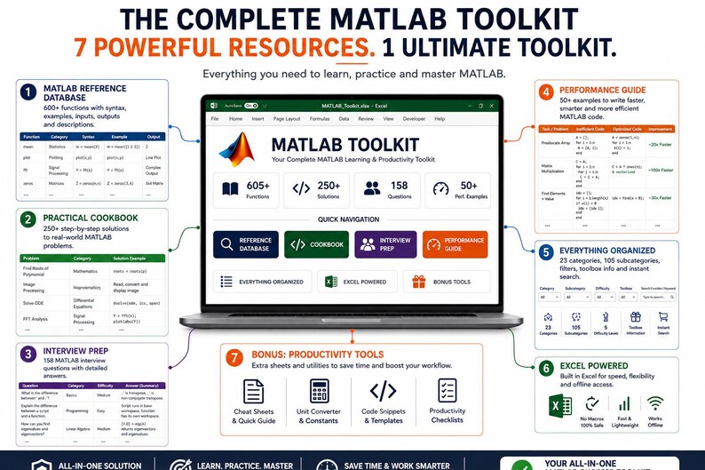 May include: A digital infographic titled The Complete MATLAB Toolkit 7 Powerful Resources 1 Ultimate Toolkit. It displays a laptop screen showing a MATLAB Toolkit interface with seven numbered sections detailing resources like a reference database, cookbook, interview prep, performance guide, organized categories, Excel integration, and bonus productivity tools.
