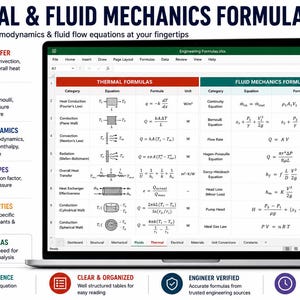 May include: A laptop screen displaying a spreadsheet titled Engineering Formulas.xlsx, featuring two main tables: Thermal Formulas and Fluid Mechanics Formulas. The tables contain categories, equations, formulas, and units for various physics concepts.