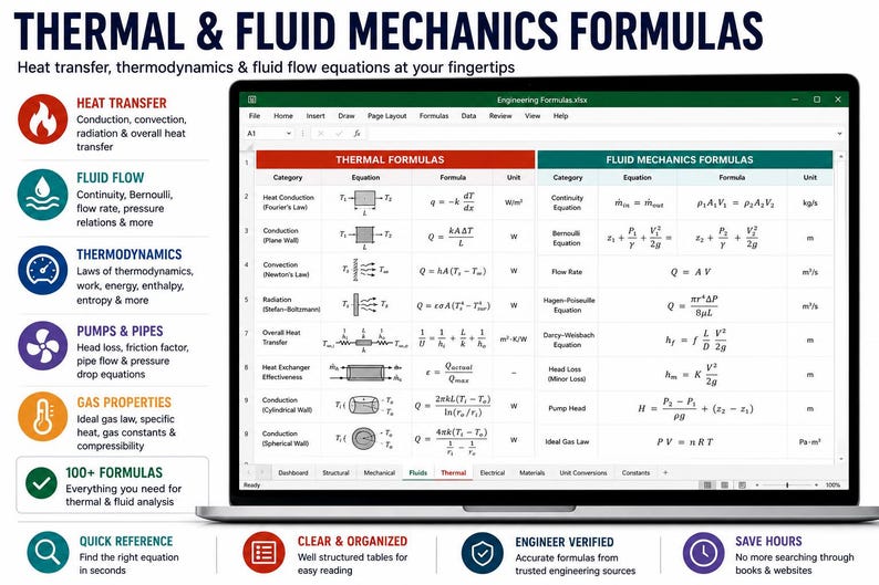 May include: A laptop screen displaying a spreadsheet titled Engineering Formulas.xlsx, featuring two main tables: Thermal Formulas and Fluid Mechanics Formulas. The tables contain categories, equations, formulas, and units for various physics concepts.