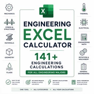 Puede incluir: Una infografía digital para una calculadora de ingeniería en Excel con el logotipo de Microsoft Excel, el texto 141+ Engineering Calculations e iconos que representan mecánica, térmica, estructuras, electricidad, materiales, matemáticas, geometría, maquinaria, fluidos e ingeniería general.