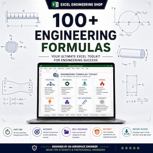 May include: A laptop displaying an Excel Engineering Formulas toolkit with categories for structural, mechanical, fluids, thermal, electrical, and materials engineering. The screen shows various formulas, icons, and tabs for navigation.