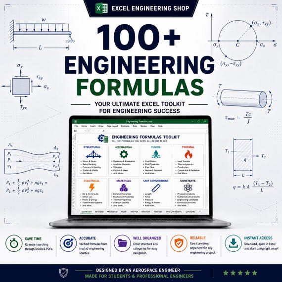 Engineering Formulas Excel Spreadsheet – Structural, Mechanical and Thermal Calculator Tool for Students and Engineers