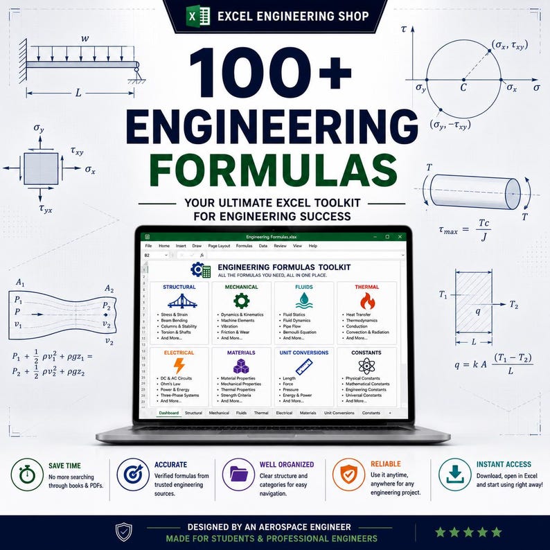 May include: A laptop displaying an Excel Engineering Formulas toolkit with categories for structural, mechanical, fluids, thermal, electrical, and materials engineering. The screen shows various formulas, icons, and tabs for navigation.