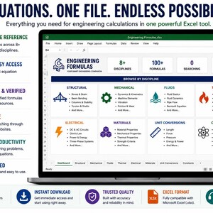 May include: A laptop screen displaying an Excel spreadsheet titled Engineering Formulas, featuring a dashboard with categories for structural, mechanical, fluid, and thermal engineering, plus unit conversions and constants, with text lists of features.