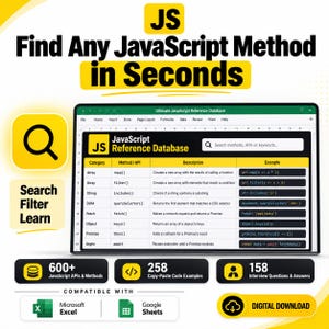 May include: A digital reference database for JavaScript methods displayed on a screen. The interface features a table with columns for Category, Method/API, Description, and Example. Text includes 'Find Any JavaScript Method in Seconds' and 'Ultimate JavaScript Reference Database'. It is compatible with Microsoft Excel and Google Sheets.
