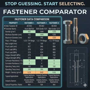 May include: A fastener comparator chart titled STOP GUESSING. START SELECTING. FASTENER COMPARATOR. It displays a data comparison table for three fasteners, including Huck BobTail and Bolt Grade 10.9 and 12.9, alongside images of metal bolts and a technical diagram.