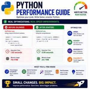 May include: An infographic titled Python Performance Guide featuring a comparison of code efficiency. It displays a before and after example of finding even numbers, showing execution times of 1.82 seconds versus 0.06 seconds and memory usage differences.