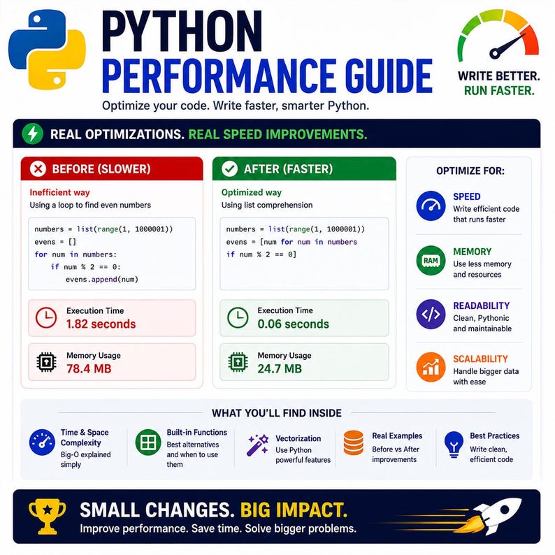 May include: An infographic titled Python Performance Guide featuring a comparison of code efficiency. It displays a before and after example of finding even numbers, showing execution times of 1.82 seconds versus 0.06 seconds and memory usage differences.