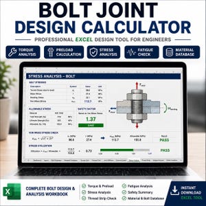 May include: A laptop screen displaying a Bolt Joint Design Calculator Excel spreadsheet. The interface shows stress analysis data, a bolt diagram with axial and shear force arrows, safety factor calculations, and stress utilisation charts.