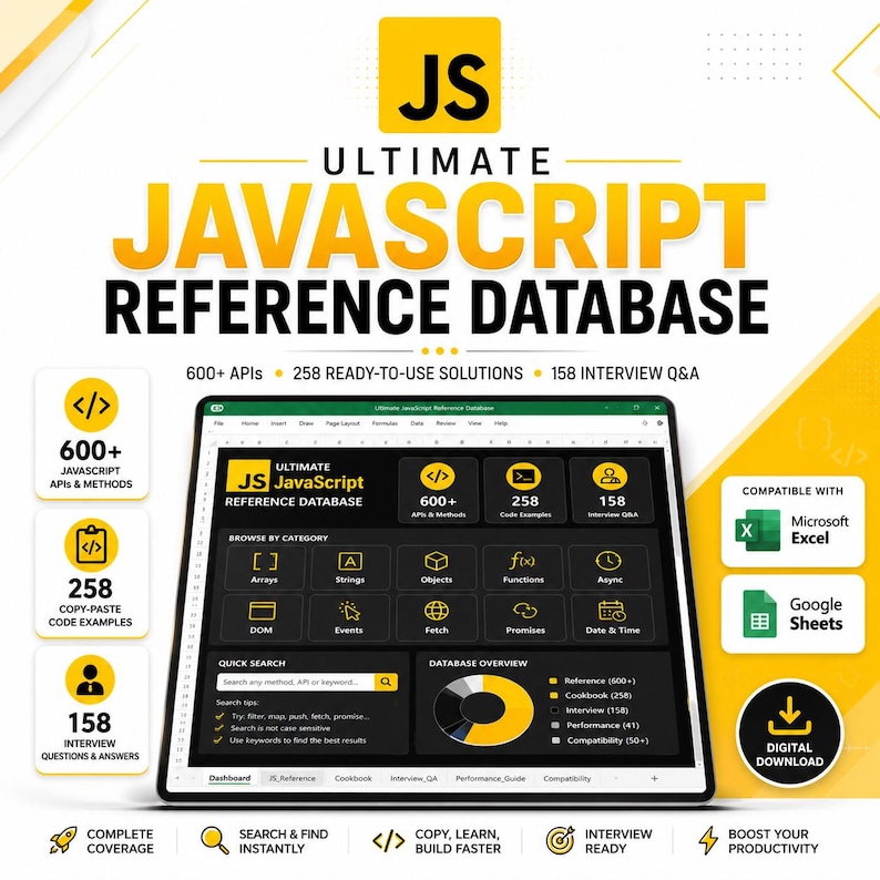 May include: A digital Ultimate JavaScript Reference Database displayed on a screen, featuring 600+ APIs, 258 code examples, and 158 interview questions. The interface includes categories like Arrays, Strings, and Objects, compatible with Excel and Google Sheets.